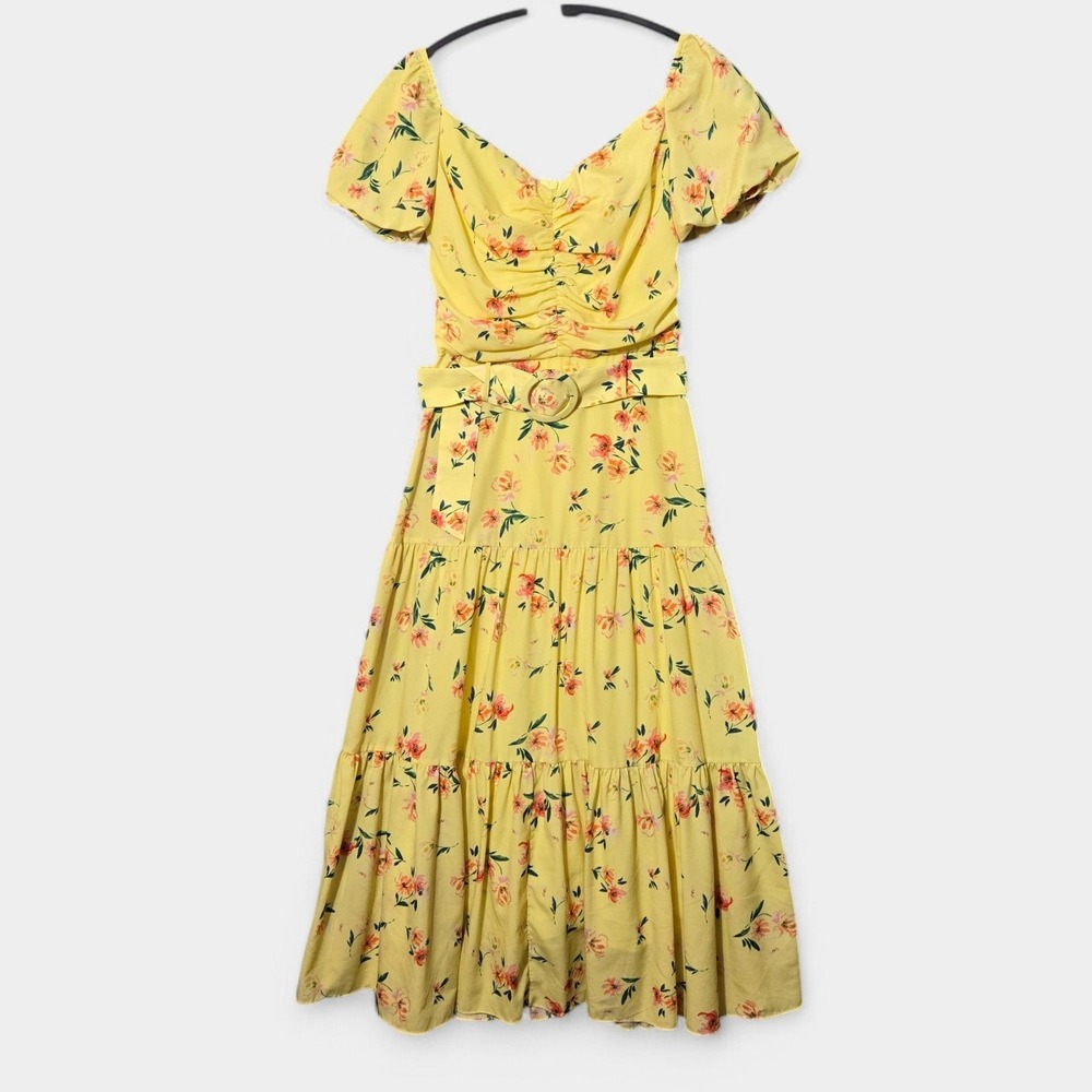 Paloma Blue Evie Floral Belted Midi Dress Yellow XS Feminine Cottagecore Garden
